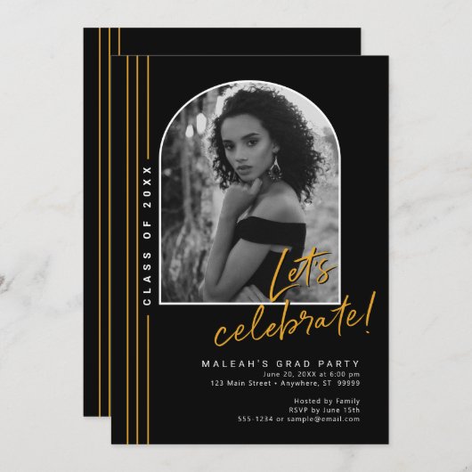 Zwart Gouden Boog Overlay Afstudeerder Feestuitnod Aankondiging (Voorkant / Achterkant)