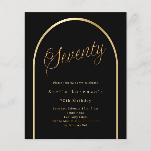Zwart gouden boog script 70e verjaardag uitnodigin (Voorkant)