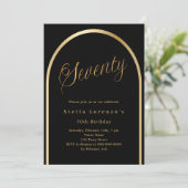 Zwart gouden boog script luxe 70e verjaardag kaart (Staand voorkant)