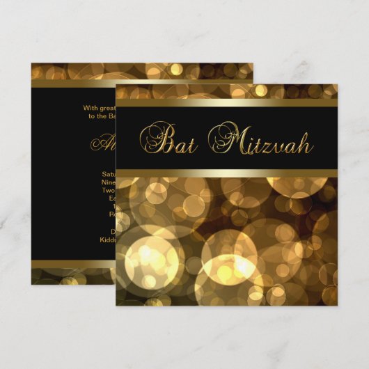 Zwart Gouden Bubbels Bat Mitswa Kaart (Voorkant / Achterkant)