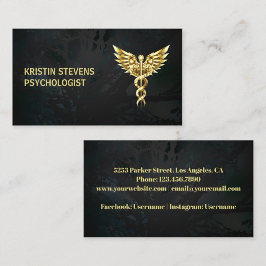 Zwart Gouden Caduceus Symbool Medisch Visitekaartje (Voorkant / Achterkant)