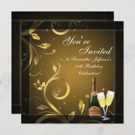 Zwart/Gouden Champagne Custom 50ste Verjaardagsfee Kaart (Voorkant / Achterkant)