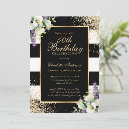 Zwart Gouden Confetti Calla Lily 50ste Verjaardag Kaart (Staand voorkant)