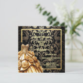 Zwart gouden damask balgons roos bloemen bruids feestdagenkaart (Staand voorkant)