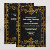 Zwart gouden damast brokaat elegante  bruiloft kaart (Voorkant / Achterkant)