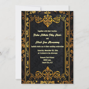 Zwart gouden damast brokaat elegante  bruiloft kaart