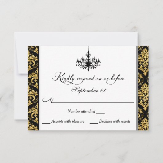 Zwart, gouden damast, kroonluchter antwoord Kaart (Voorkant)