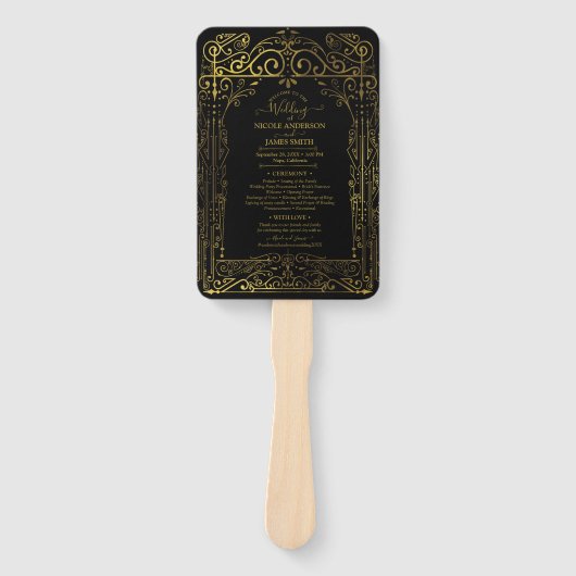 Zwart Gouden Deco Chic Glam Bruiloftsprogramma Han Handwaaier (Voorkant)