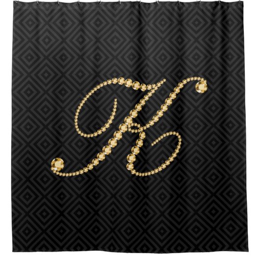 Zwart & Gouden Diamanten Letter K Monogram Douchegordijn (Voorkant)