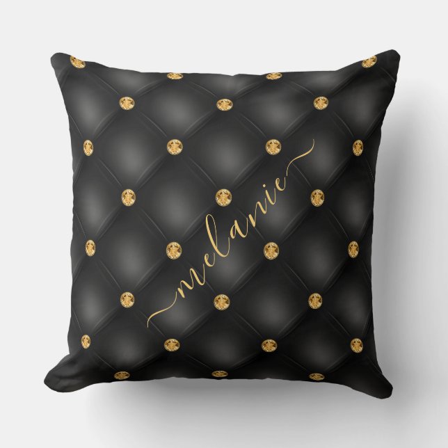 Zwart Gouden Edelsteen Tufted Kussen met Custom Na (Voorkant)