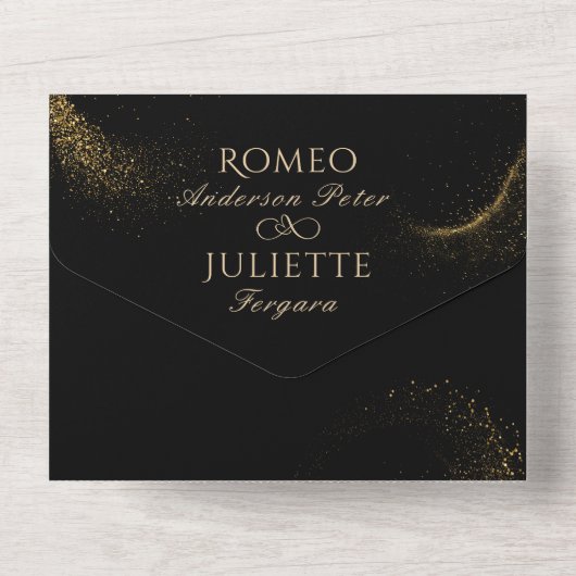 Zwart Gouden Elegante Kerstboom Bruiloft All In One Uitnodiging (Achterkant)