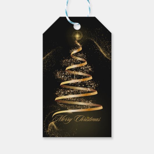 Zwart Gouden Elegante Kerstboom Glinstering Cadeaulabel (Voorkant)