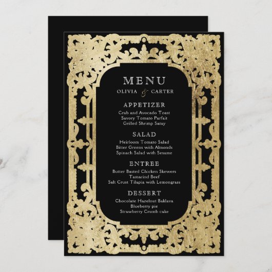Zwart-gouden elegante romantische bruiloft menu (Voorkant / Achterkant)