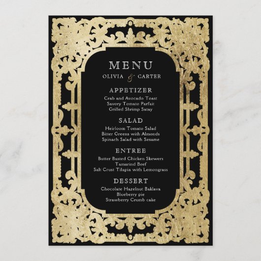 Zwart-gouden elegante romantische bruiloft menu (Voorkant)
