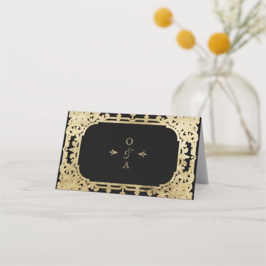 Zwart-gouden elegante romantische bruiloft plaatskaartje (Achterkant)