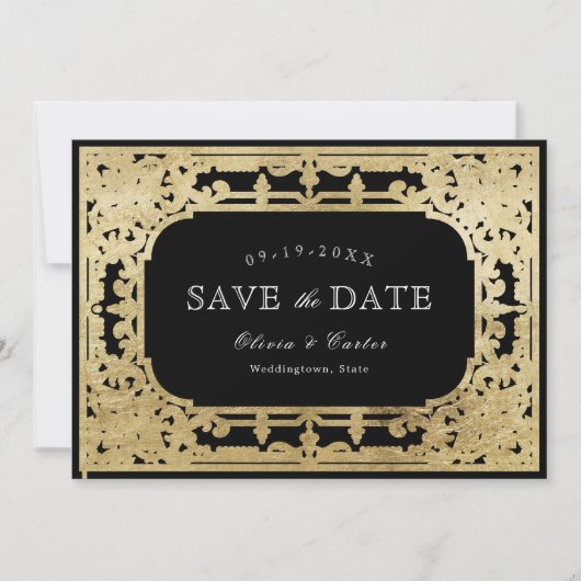 Zwart-gouden elegante romantische bruiloft save the date (Voorkant)