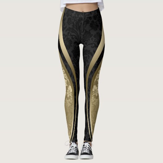 Zwart-gouden Floral - Geometrisch design Leggings (Voorkant)