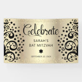 Zwart Gouden Folie Bat Mitzvah Boom van het Leven  Spandoek (Horizontaal)