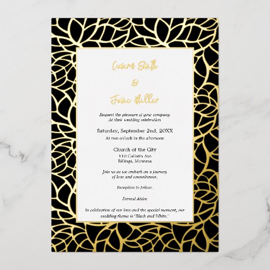 Zwart Gouden Folie bladeren Bruiloft Uitnodiging K (Voorkant)