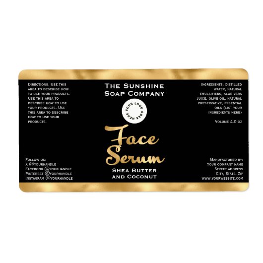 Zwart & Gouden Folie Gezicht Serum Fles Label w /  (Voorkant)