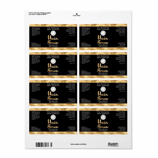Zwart & Gouden Folie Haar Serum Fles Label w / log (Full Sheet)