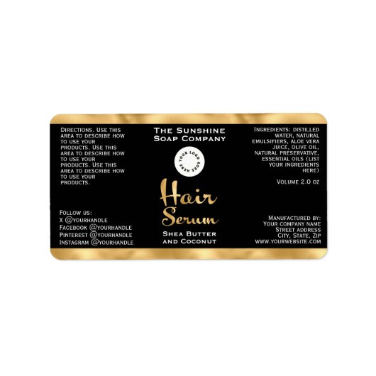 Zwart & Gouden Folie Haar Serum Fles Label w / log (Voorkant)