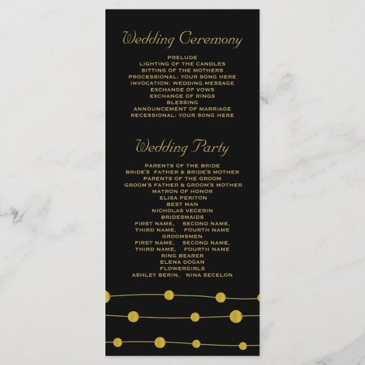 Zwart, gouden folie kralen modern huwelijksprogram programmakaart (Achterkant)