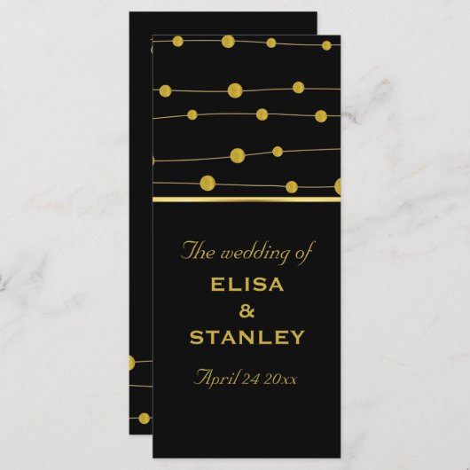 Zwart, gouden folie kralen modern huwelijksprogram programmakaart (Voorkant / Achterkant)