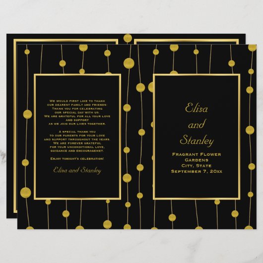 Zwart, gouden folie kralen trouwvouwprogramma (Voorkant / Achterkant)