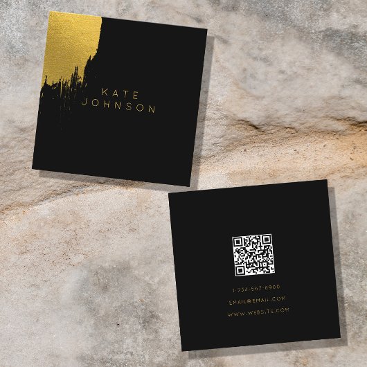 Zwart Gouden Folie Luxe Minimalistische QR Code Vierkante Visitekaartje