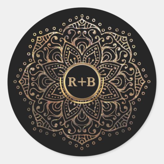Zwart Gouden Folie Mandala Boho Bruiloft Favor Ronde Sticker (Voorkant)