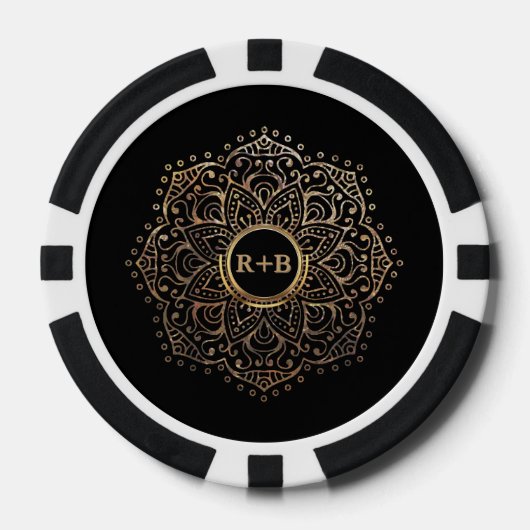 Zwart Gouden Folie Mandala Boho Bruiloft Monogram Poker Chips (Voorkant)