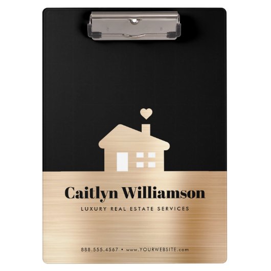 Zwart Gouden Folie Vastgoed Makelaar Huis Klembord (Voorkant)