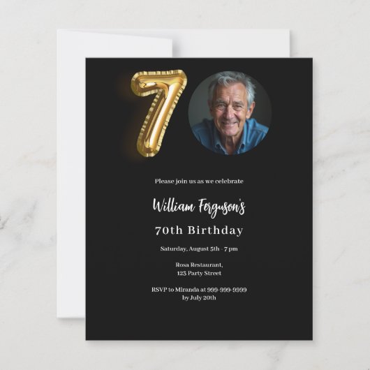 Zwart gouden foto 70e verjaardag uitnodiging (Voorkant)