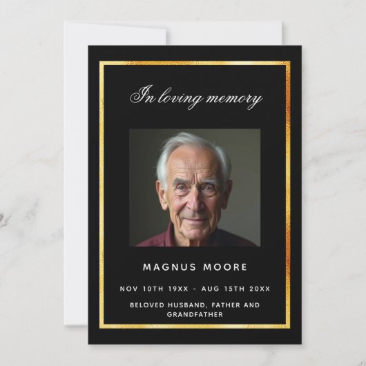 Zwart gouden foto begrafenis programma kaart (Voorkant)