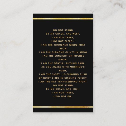 Zwart gouden foto bloemen begrafenis gebedskaart visitekaartje (Achterkant)