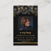 Zwart gouden foto bloemen begrafenis gebedskaart visitekaartje (Voorkant)