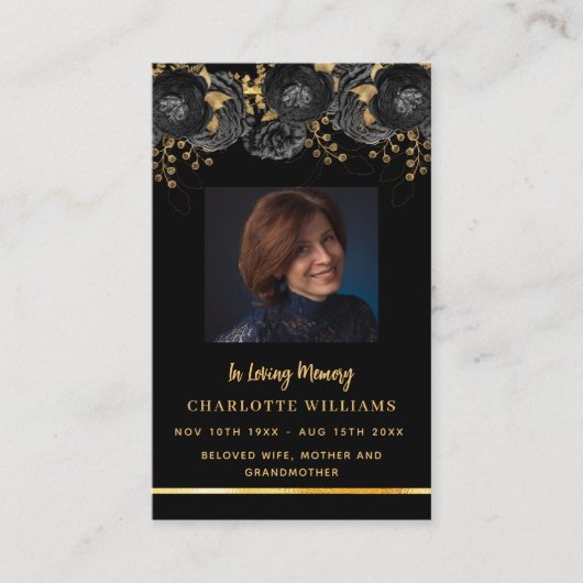 Zwart gouden foto bloemen begrafenis gebedskaart visitekaartje (Voorkant)