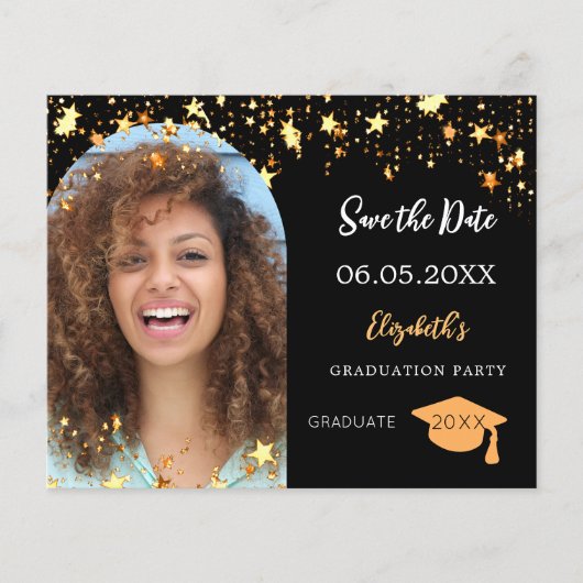 Zwart gouden foto Graduation Party Save the Date (Voorkant)
