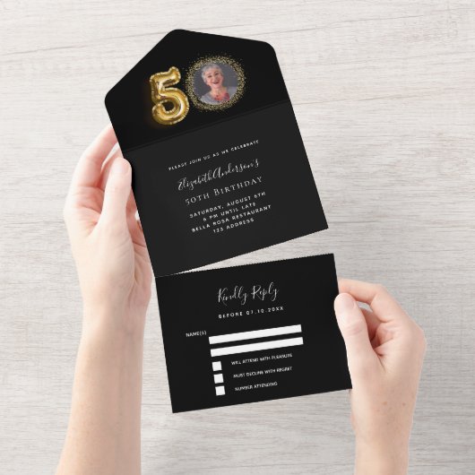 zwart gouden foto rsvp 50ste verjaardag all in one uitnodiging (Afscheurbaar)
