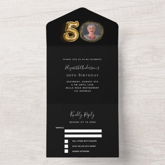 zwart gouden foto rsvp 50ste verjaardag all in one uitnodiging (Binnen)