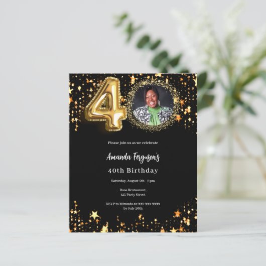 Zwart gouden foto sterren 40e verjaardag uitnodigi (Staand voorkant)