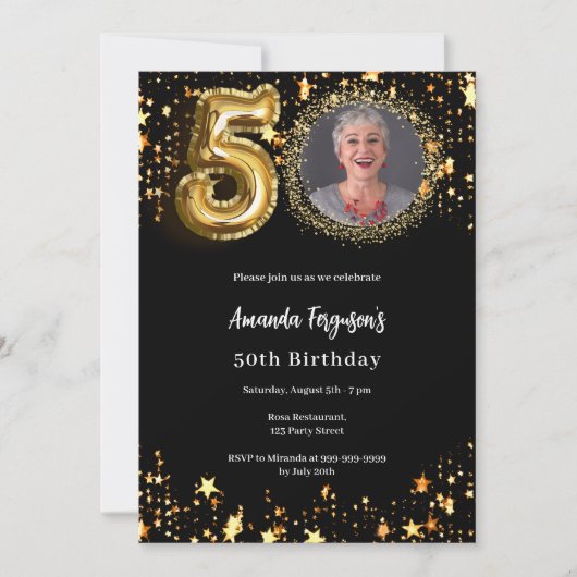 Zwart gouden foto sterren 50ste verjaardag kaart (Voorkant)
