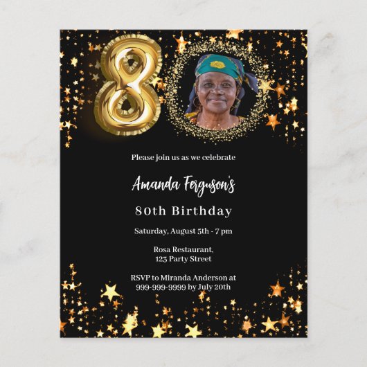 Zwart gouden foto sterren 80ste verjaardag uitnodi (Voorkant)