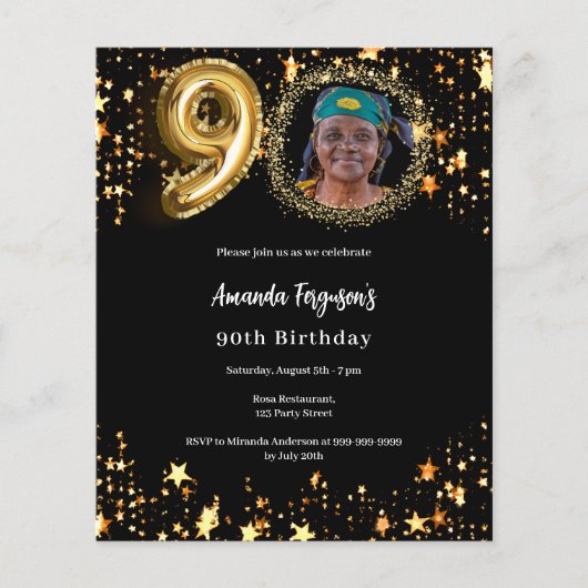 Zwart gouden foto sterren 90ste verjaardag uitnodi (Voorkant)