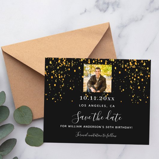 Zwart gouden foto verjaardag save the date card