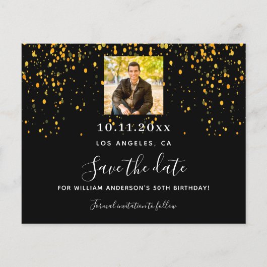 Zwart gouden foto verjaardag save the date card (Voorkant)