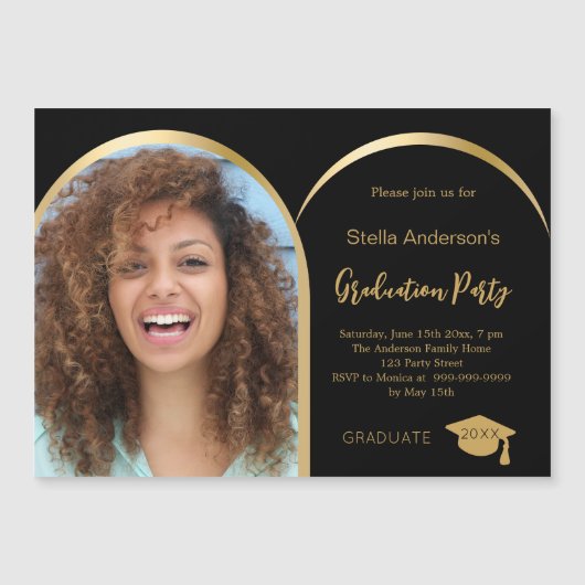 Zwart gouden fotoboog afstuderen 2025 magnetische uitnodiging (Voorkant)