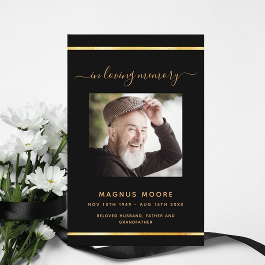 Zwart gouden fotoelegant begrafenisprogramma
