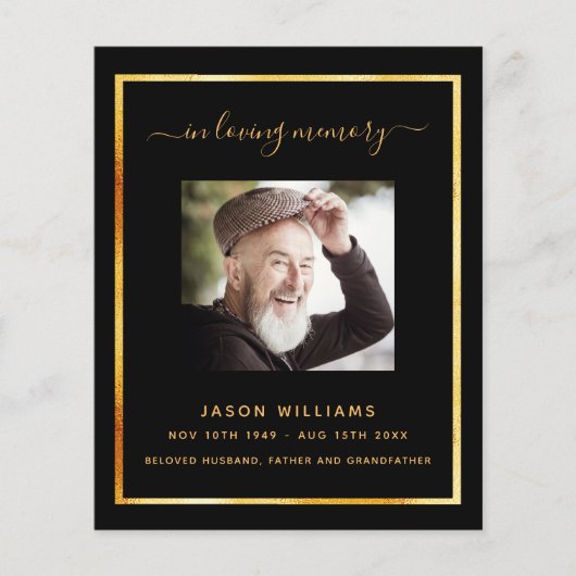 Zwart gouden fotoelegant begrafenisprogramma (Voorkant)